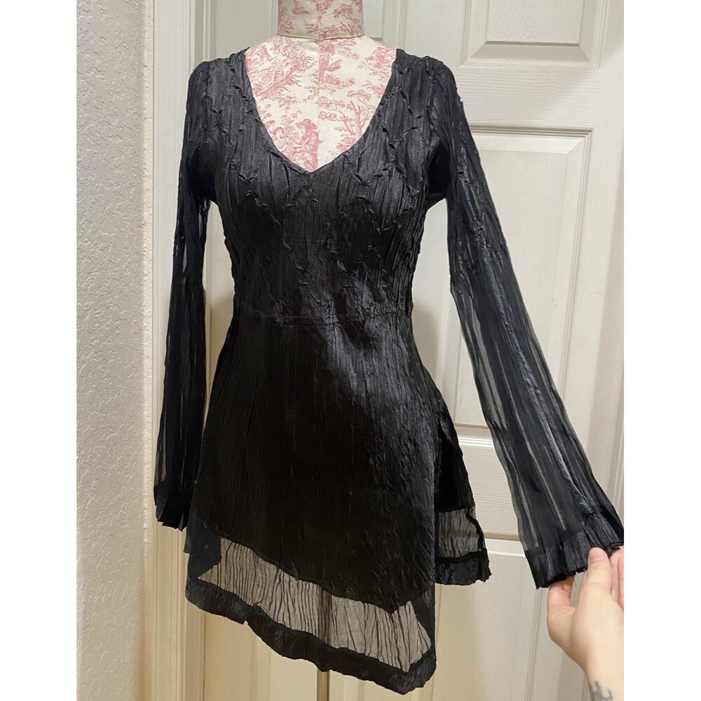 Komarov Asymmetric Crinkle Mini Dress Sz L Black Sheer Cut Out Whimsygoth Party